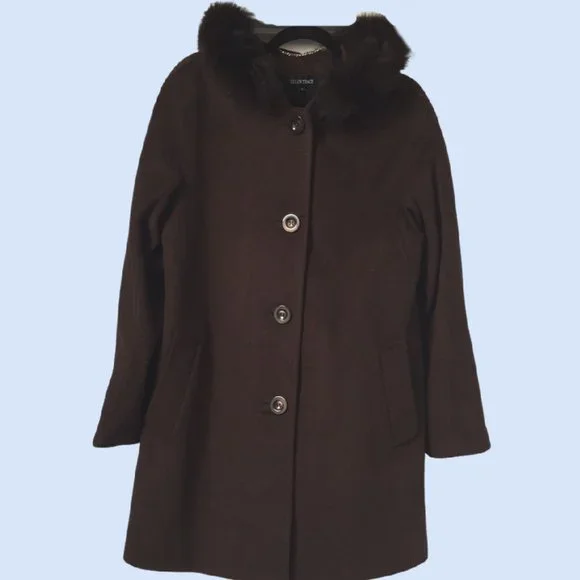 NWT ELLEN TRACY Wool Blend Coat Hooded w/Fox Fur 8 - Picture 2 of 5